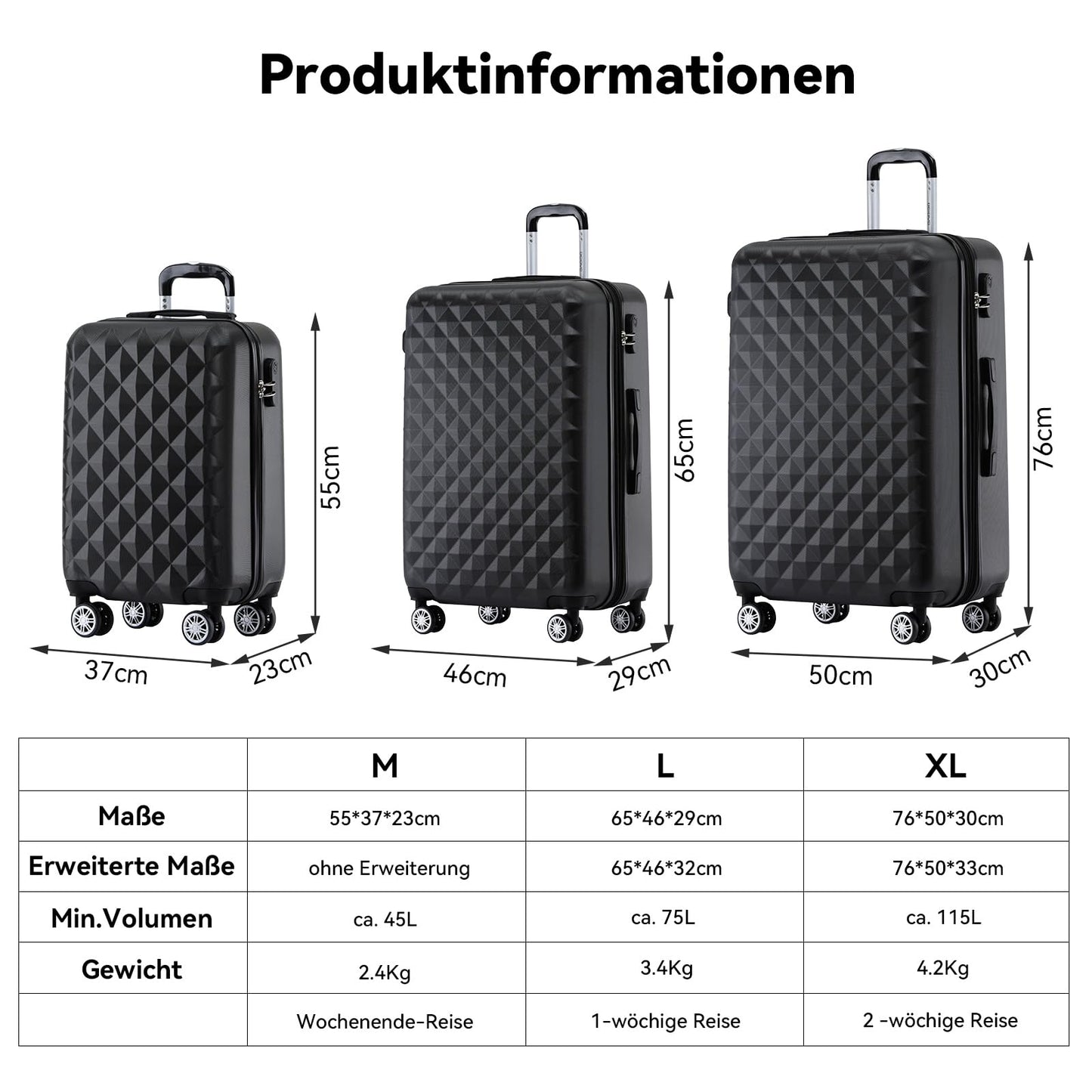 BEIBYE Koffer L Schwarz, Hartschale mit Rollen