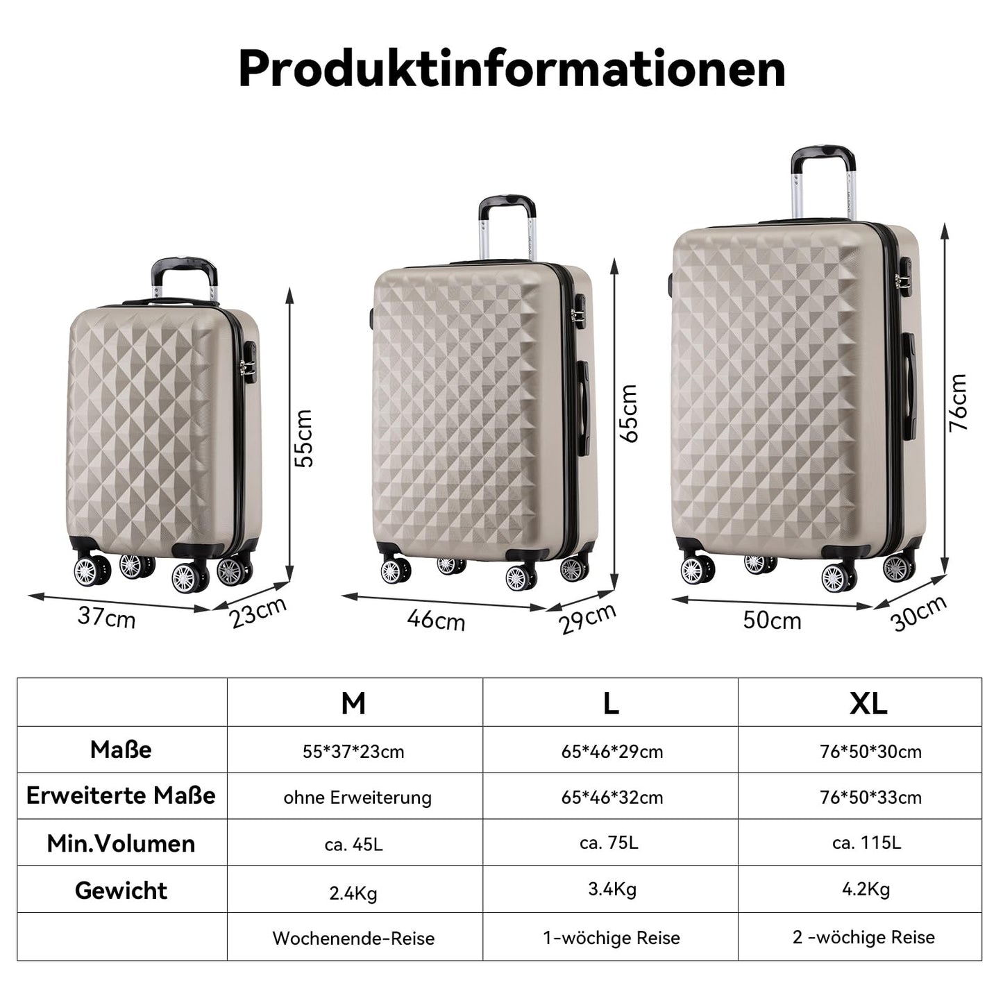 BEIBYE Koffer L Champagner, Hartschale mit Rollen