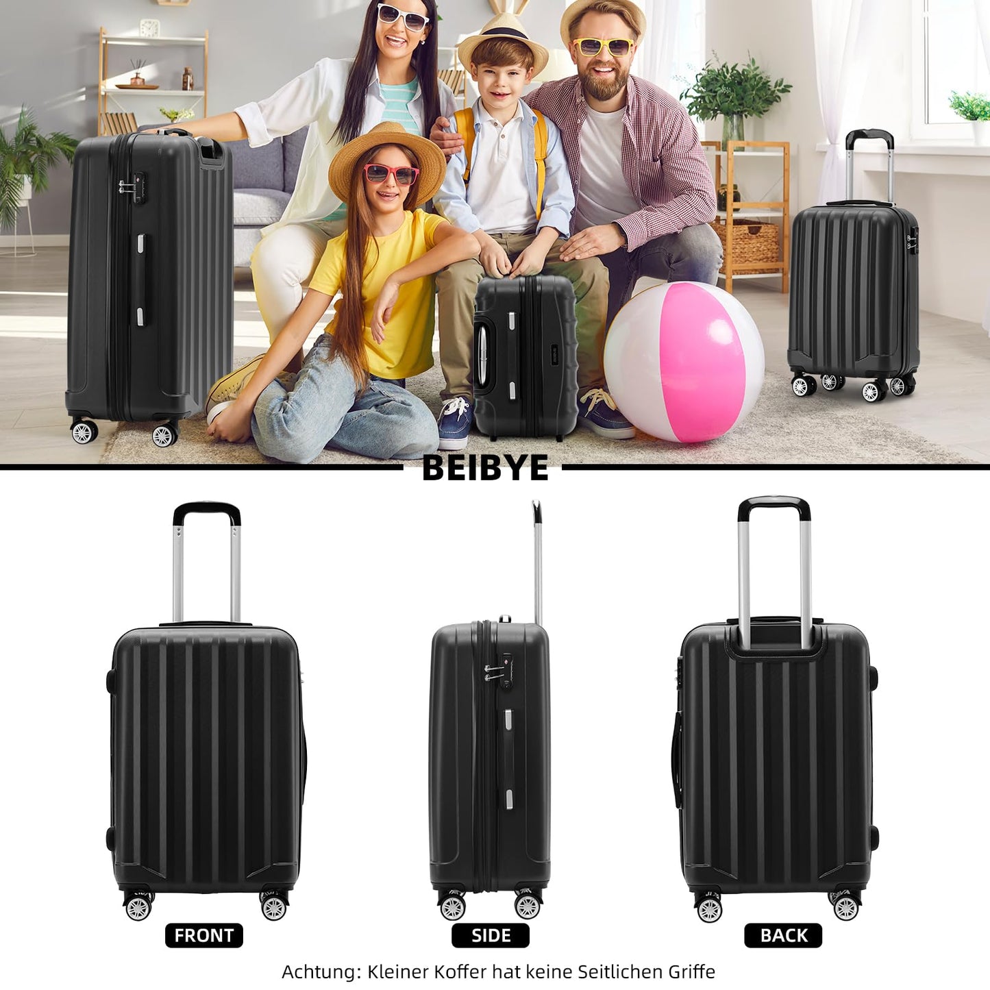 BEIBYE Reisekoffer XL Schwarz, Trolley mit TSA Schloss
