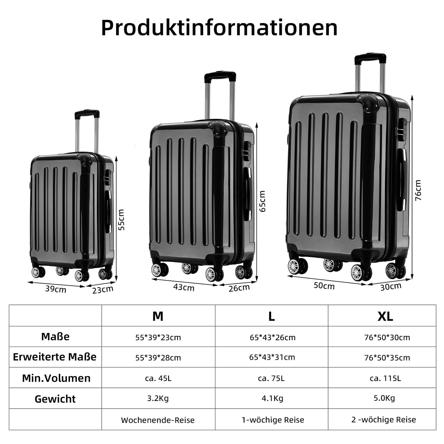 BEIBYE Koffer M Schwarz, Hartschale mit Rollen