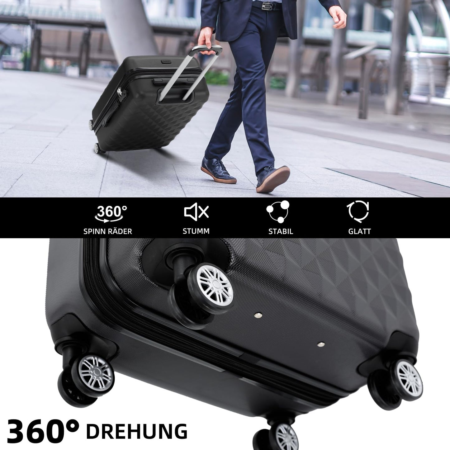 BEIBYE Koffer L Schwarz, Hartschale mit Rollen