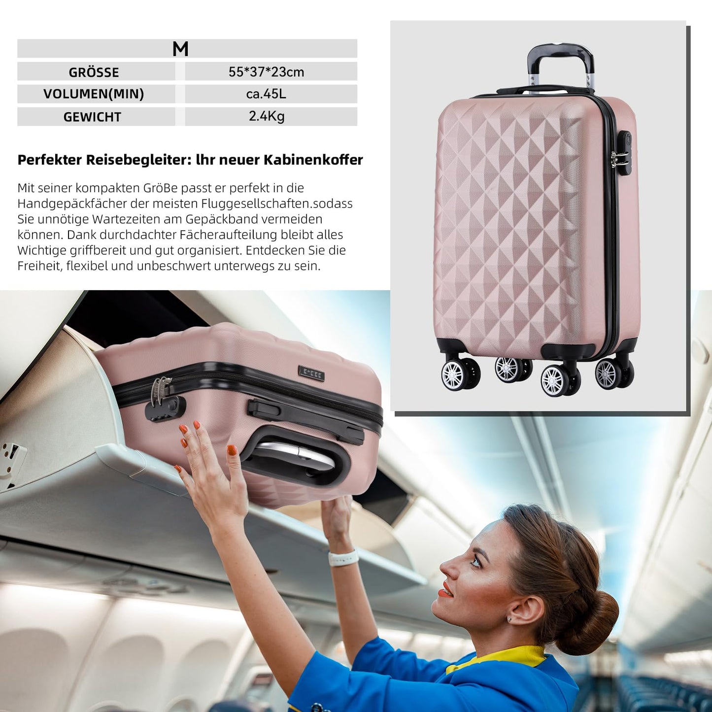 BEIBYE Koffer M Roségold, Hartschale mit Rollen
