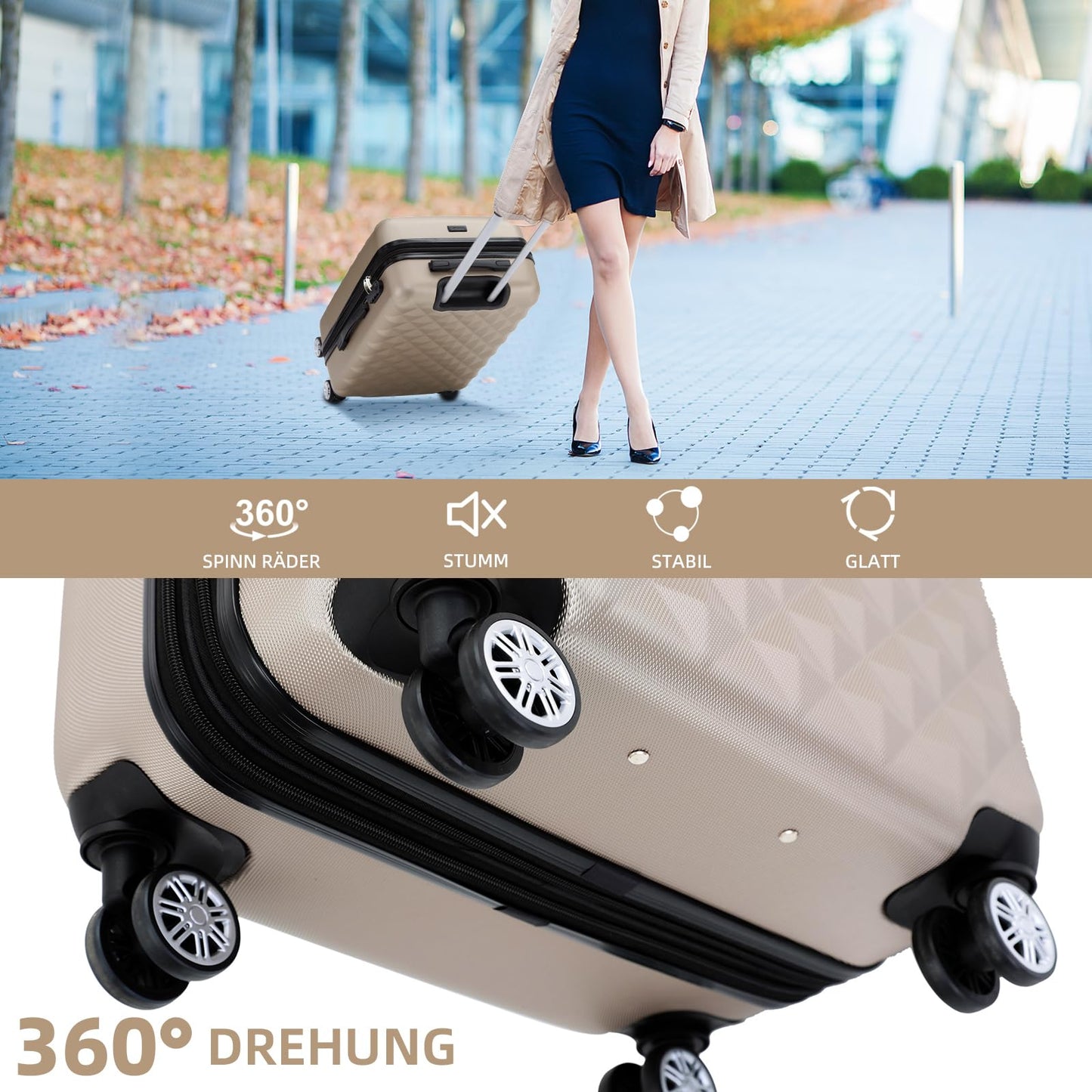 BEIBYE Koffer L Champagner, Hartschale mit Rollen