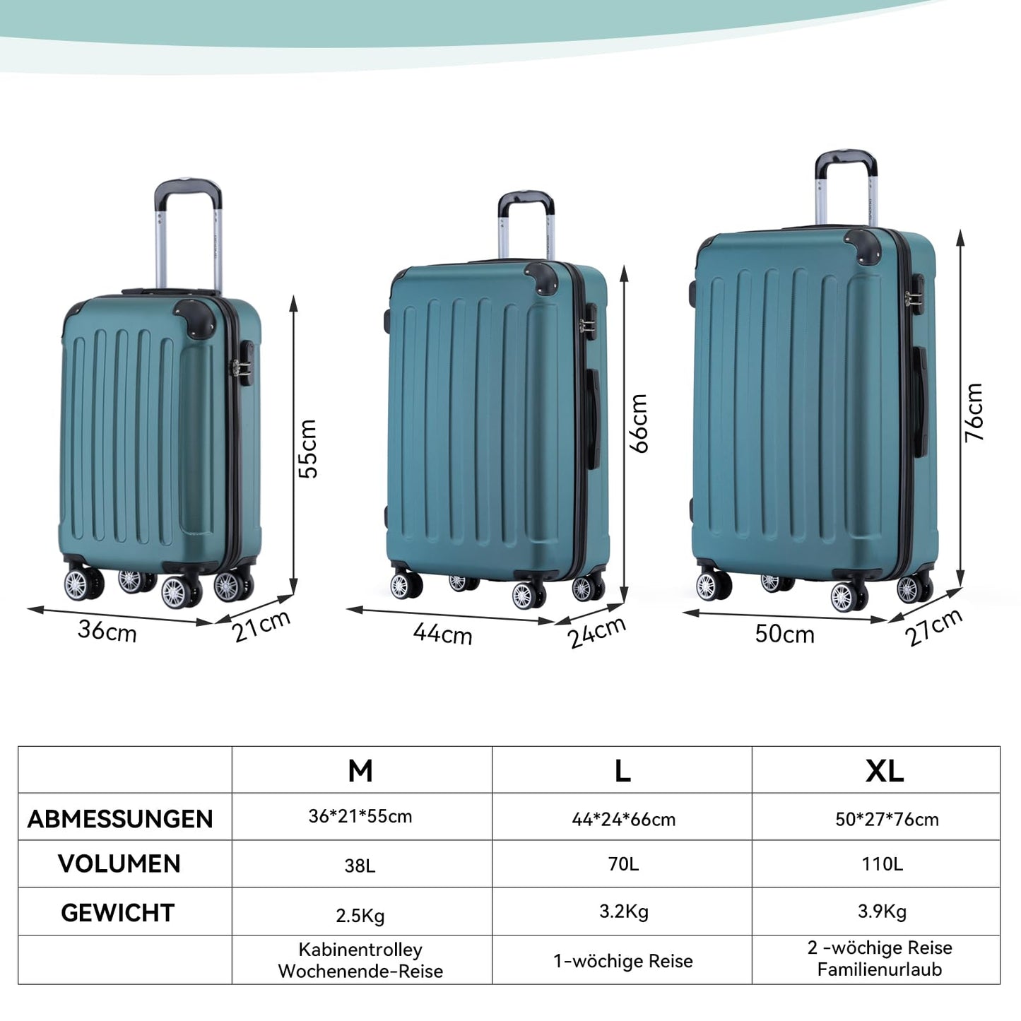 BEIBYE Großer Koffer 76 cm Dunkelgrün mit Rollen