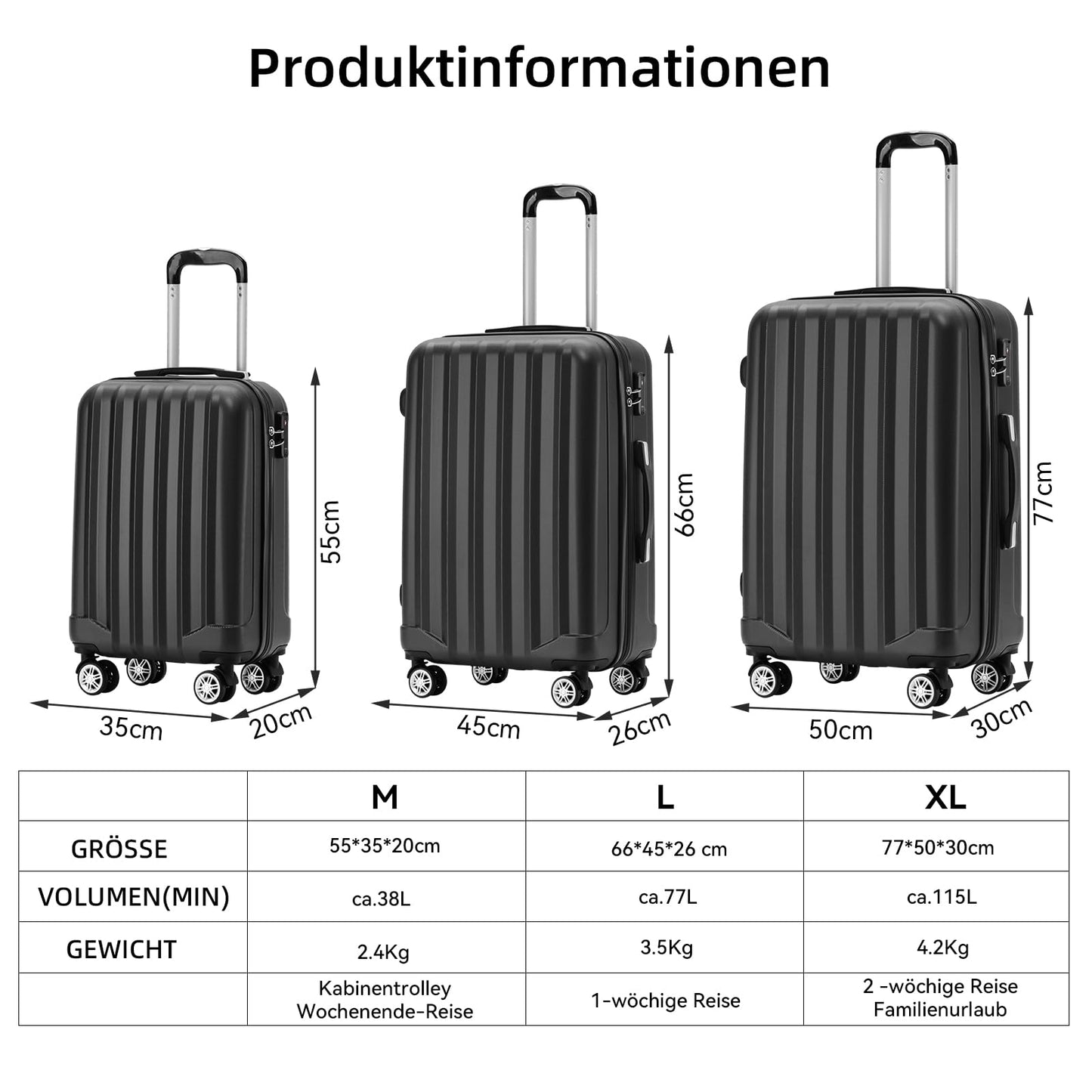 BEIBYE Reisekoffer XL Schwarz, Trolley mit TSA Schloss