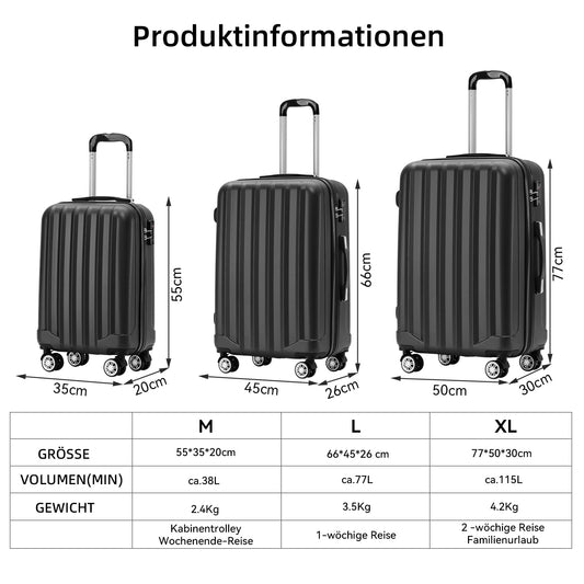 BEIBYE Reisekoffer XL Schwarz, Trolley mit TSA Schloss
