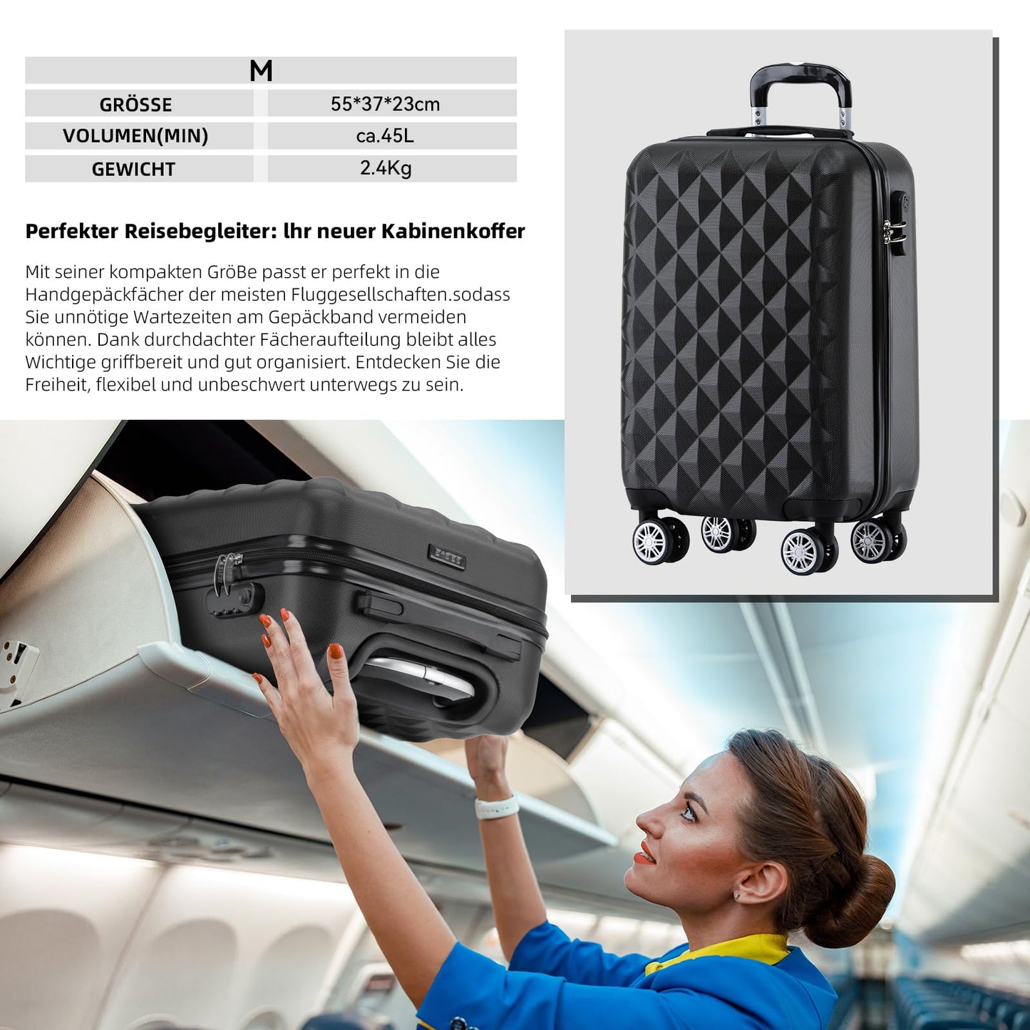 BEIBYE Koffer M Schwarz, Hartschale mit Rollen