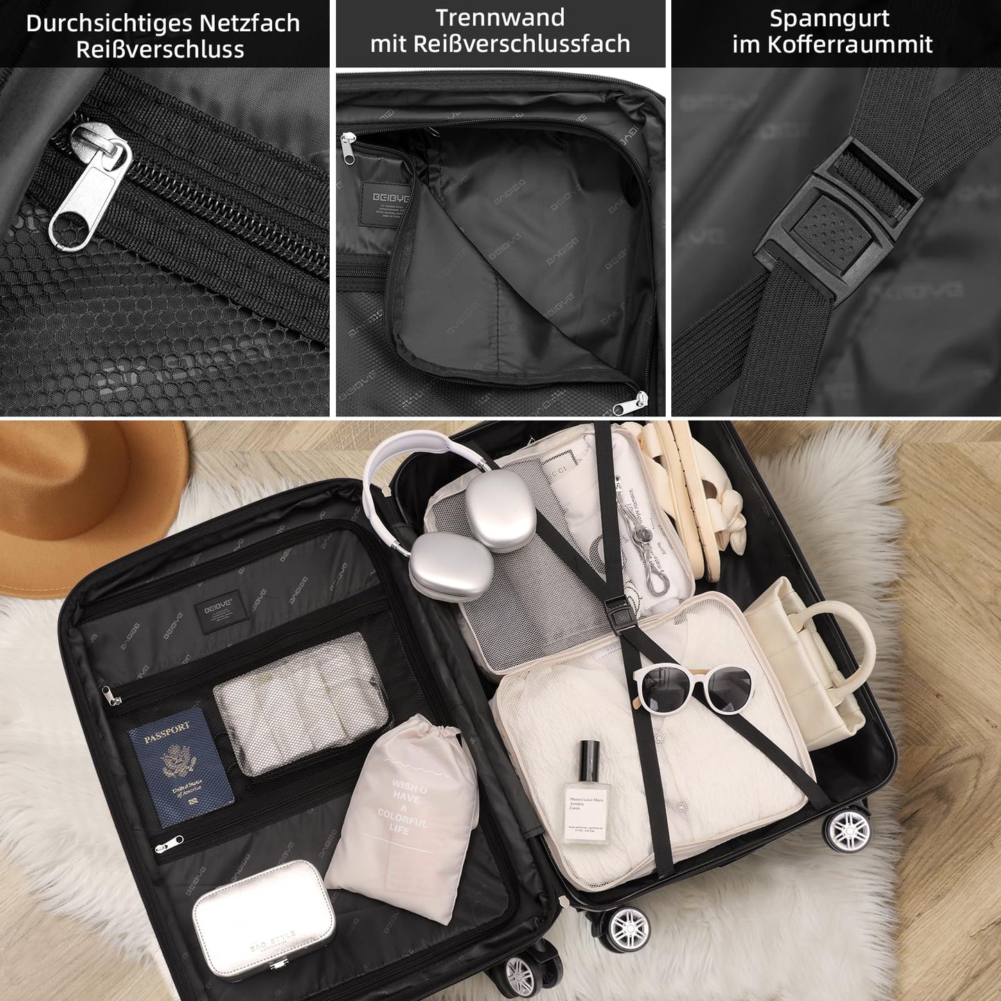BEIBYE Reisekoffer XL Schwarz, Trolley mit TSA Schloss