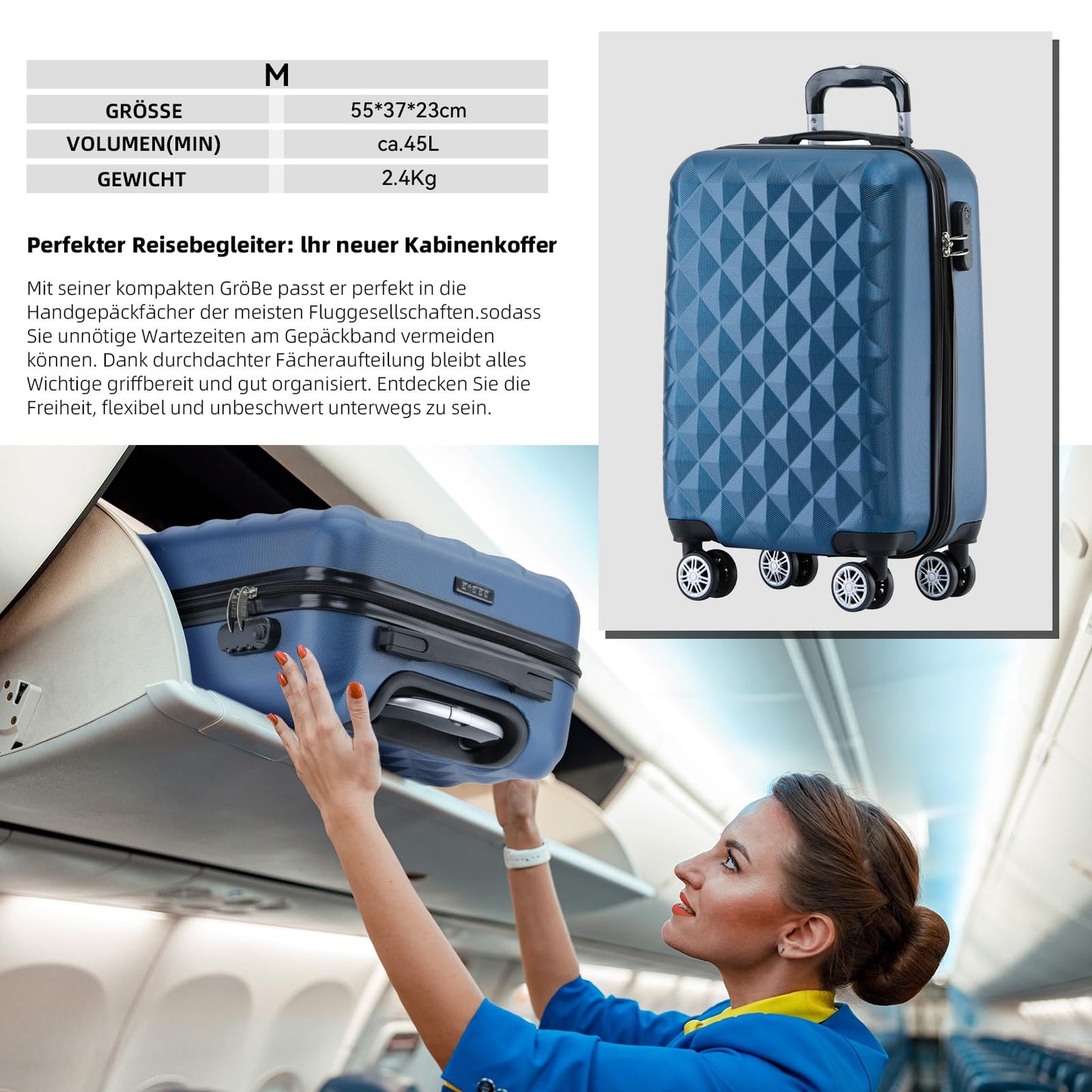 BEIBYE Koffer M Blau, Hartschale mit Rollen